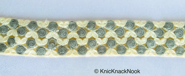 Beige Net Trim With Embroidered Roses, Off White and Grey Floral Trim, Approx. 36mm wide - 210119L465
